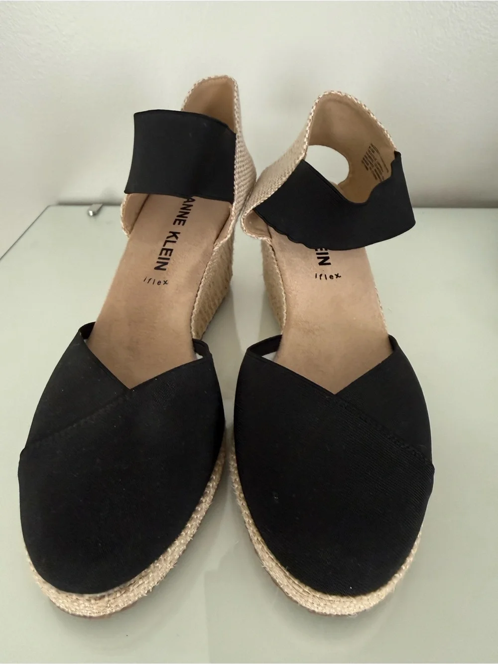 Anne Klein Black and Natural Espadrille Wedge Sandals